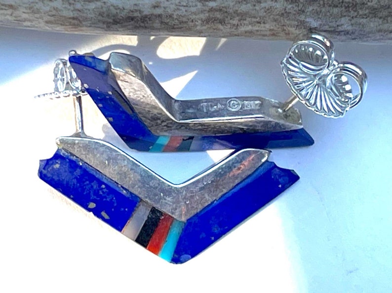 Lapis Lazuli Stud Earrings Multi Stone Sterling Silver Raised Inlay Angle Shaped ~ Zuni Southwest Hoops ~ 1980s Vintage ~ Signed 2024 TCA 1982