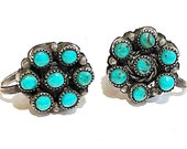 Harvey Era Turquoise Cluster Earrings Sterling Silver Screw Backs Natural Snake Eye Turquoise Floral Form Railroad Era 1930s 40s