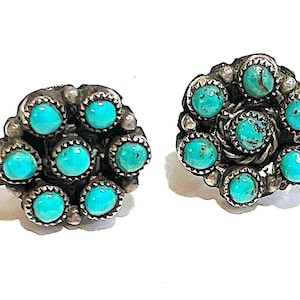 Vintage Turquoise Sterling Silver Harvey Era Earrings ~ Screw Back ~ Natural Snake Eye Turquoise ~ Railroad Era 1930s/ 40s