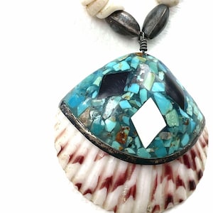 Vintage Santo Domingo Pueblo Kewa Turquoise Shell Mosaic Necklace Choker 16" Beaded_ Black Onyx