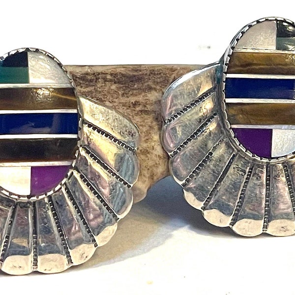 Vintage Zuni Multi Stone Sterling Silver Fan Stud Earrings Channel Inlay MOP, Lapis Lazuli, Tiger's Eye, Sugilite and More 1" x 1-1/4" Studs