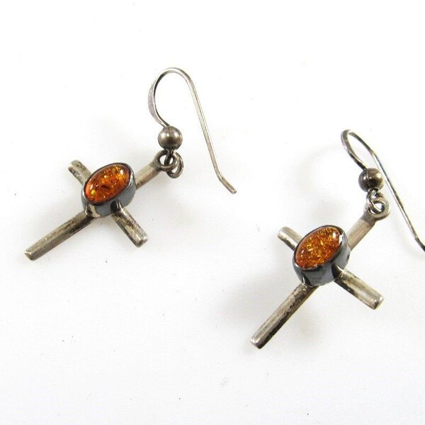 Amber Cabochon Silver Cross Earrings Ruth Ann Begay Navajo Dangle, Silver Sun Native American Handmade Sterling 925 Genuine Amber Native