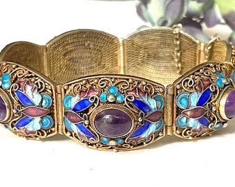 Antique Chinese Export Bracelet Amethyst Silver Filigree Gold Gilt Enamel Intricate Butterfly Floral Motif ~ Great Condition ~ 1920 to 1940