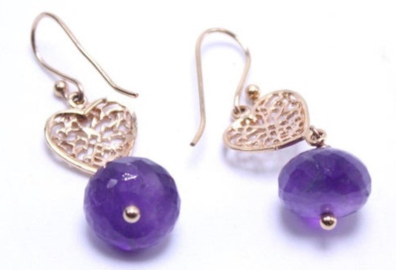 Amethyst Heart Earring 22 Karat Gold Plated Filigree Classic Vintage Dangle Earrings ~ Faceted Amethyst Beads ~ Gold Plated Hooks