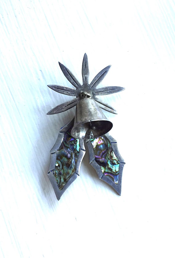 Taxco Abalone Sterling Bell Christmas Holly Star … - image 1