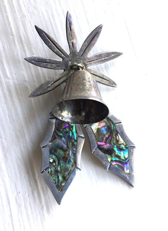 Taxco Abalone Sterling Bell Christmas Holly Star … - image 9