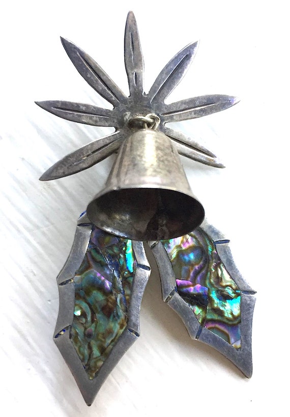 Taxco Abalone Sterling Bell Christmas Holly Star … - image 2