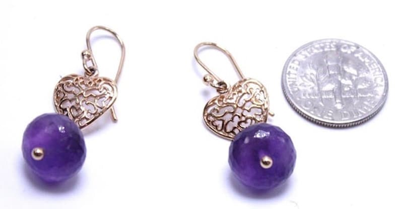 Amethyst Heart Earring 22 Karat Gold Plated Filigree Classic Vintage Dangle Earrings ~ Faceted Amethyst Beads ~ Gold Plated Hooks