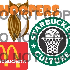 May include: A green and white logo with the text "Starbucks Culture" and a basketball in a hoop. The logo is surrounded by a brown owl with orange eyes and the text "Hoopers". Below the logo is a red and yellow McDonald's logo with the text "McBucket's".