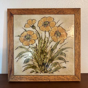 Vintage Mid-Century Keramik Holz gerahmt Fliesenuntersetzer mit Blumen