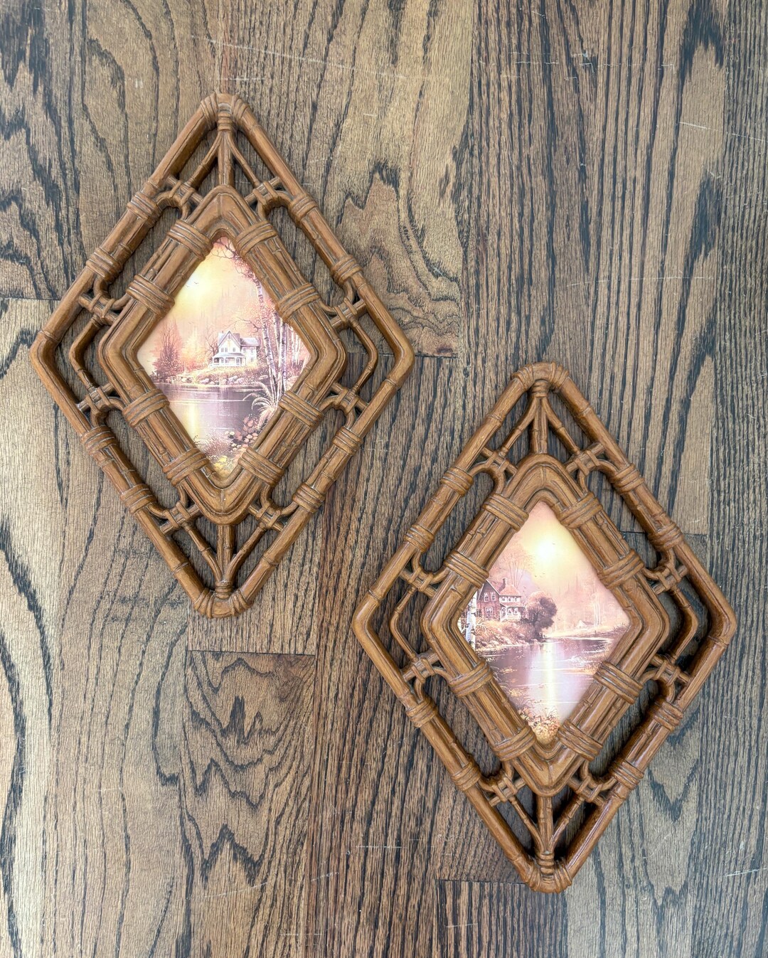 Vintage Homco Faux Rattan Bamboo Diamond Wall Hanging Frames With ...