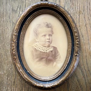 Antique Victorian Oval Framed Sepia Photograph of Boy Wearing Lace Collar - 5.75” x 7.25”