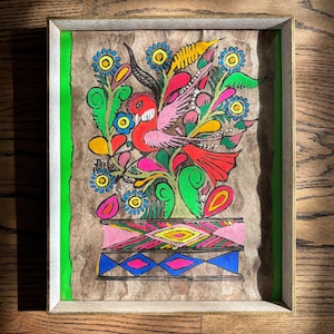 Vintage Framed Mexican Bird Folk Art Painting on Amate Tree Bark