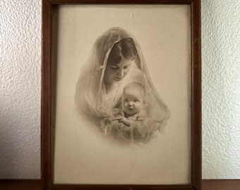 Vintage Framed Sepia Print of a Mother and Child Antique Portrait Photograph
