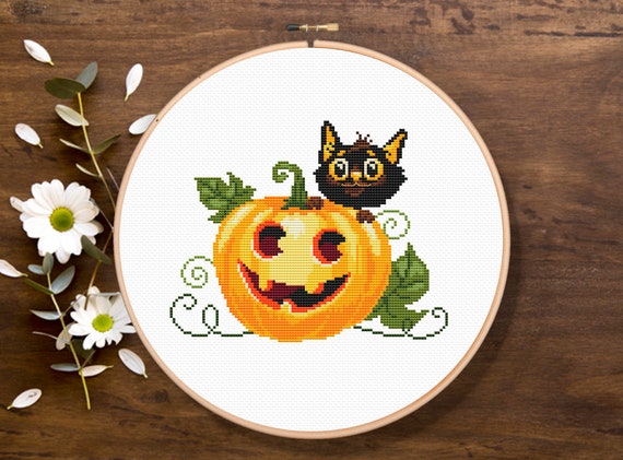 Halloweens Cat Cross Stitch Pattern, Halloween Cross Stitch Pattern, Holiday Cross Stitch Pattern, Download PDF #hol004