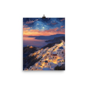 Starry Night over Santorini - Greek Island View - Wall Art Home Office Restaurant Poster