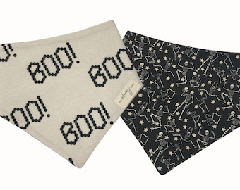 DOUBLE-SIDED Dancing Halloween Skeletons Dog Bandana, Reversible, Tie-On, retro Boo, mosaic tile pattern, dancing skeletons, boho