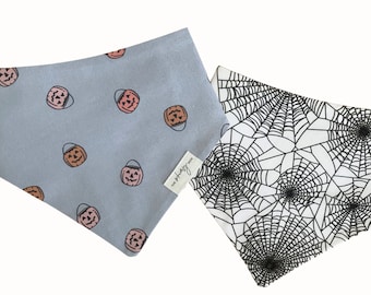 DOUBLE-SIDED Halloween Pumpkins & Cobwebs Dog Bandana, Reversible, Tie-On, trick or treat buckets, spider webs, boho, spooky, trendy