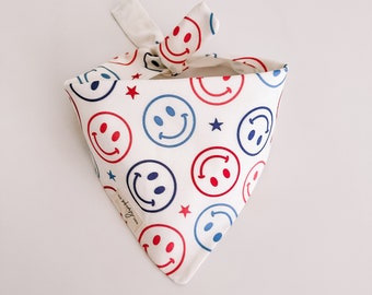 USA Smileys | 4th of July Smiley Faces Dog Bandana, Tie-On dog accessory, dog scarf, summer, fourth of july, stars, America, party, retro