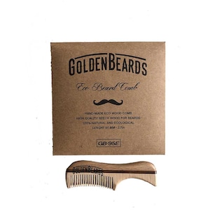 May include: A wooden beard comb with the words "Golden Beards Eco Beard Comb" printed on the comb and packaging. The comb is 3.7 inches long and made of beech wood.