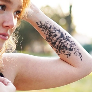 Elegant Flowers - Floral Temporary Tattoo / Flower Temporary Tattoo / Peonies Tattoo / Peony Tattoo / Beautiful Peony Floral Tattoo/ Bouquet