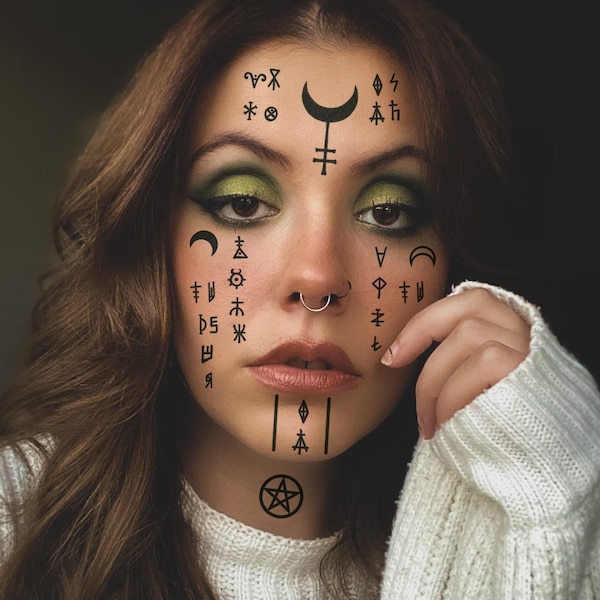 Witch Face Tattoos SET - Witchcraft Temporary Tattoo / Wicca Tattoo / Wiccan Tattoo / Salem Witch Face Tattoos / Halloween Witch Costume