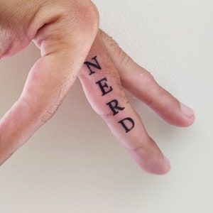 Nerd Temporary Tattoo - Nerd Tattoo / Nerd Text Tattoo / Gift for Him / Gift for Her / Nerd Realistic Tattoo / Finger Tattoo