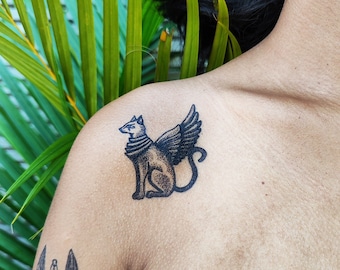 Egyptian Winged Cat Tattoo - Cat Temporary Tattoo / Egypt Tattoo / Egypt Mythology Tattoo / Cat Goddess / Winged Cat Tattoo / Bastet Tattoo