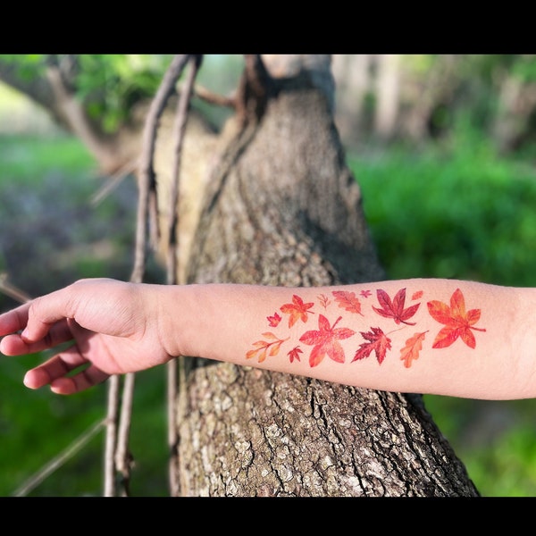 Autumn Leaves Tattoo - Orange Leaves Tattoo / Flower Temporary Tattoos / Fall Colored Leaves Tattoo / Flying Leaf Tattoo / Fall Leaves