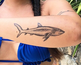 Great White Shark - Shark Tattoo / Great White Shark Temporary Tattoo / Jaw Tattoo / Shark Forearm Tattoo / Dotwork Great White Shark / Sea