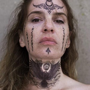 Salem Witch Face & Neck Set - Moon Witch Temporary Tattoo / Wiccan Face Makeup Tattoos / Dark Moon Elf Priestess / Halloween Face Women Tat