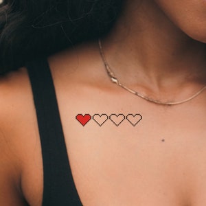 Pixel Hearts Tattoo (Set of 2) - Pixel Hearts Temporary Tattoo / Gamer Temporary Tattoo / Game Over Tattoo / Hearts Tattoo / One Life Tattoo