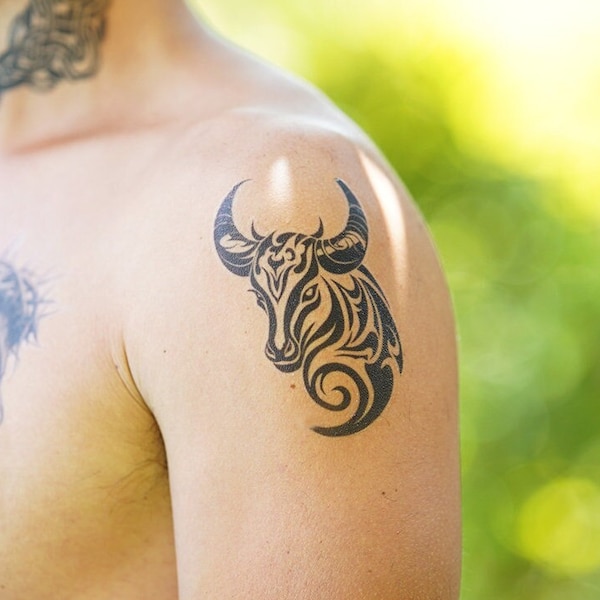 Tribal Bull Tattoo - Tribal Bull Temporary Tattoo / Animal Tattoo / Black Bull Tattoo / Cow Tattoo / Taurean Tattoo / Taurus Zodiac Tattoo