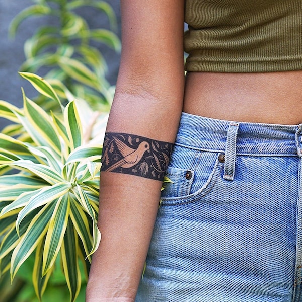 Artistic Armband Tattoo - Armband Temporary Tattoo / Creative Armband Tattoo / Art Armband / Bird and Flowers Armband Temporary Tattoo