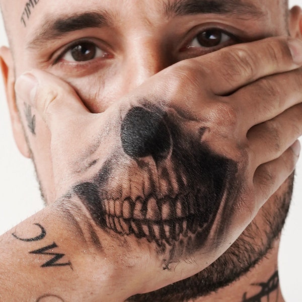 Tatuaje de la mano del cráneo - Tatuaje de la boca del cráneo / Tatuaje del cráneo de Halloween / Tatuaje del brazo del cráneo / Tatuaje del cráneo de la mano / Tatuaje de la cara del cráneo / Disfraz de calavera