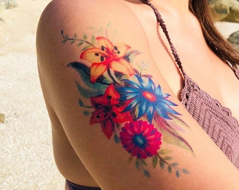 Vibrant Floral Bouquet - Floral Temporary Tattoo / Flower Temporary Tattoo / Plant Tattoo / Colorful Flowers Tattoo / Bright Floral Tattoo