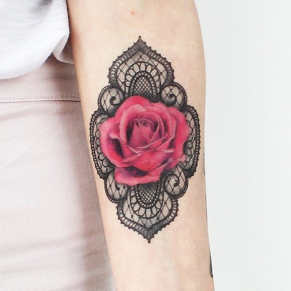 Feminine Lace Rose - Rose Temporary Tattoo / Lace Rose Tattoo / Delicate Lace Tattoo / Laced Rose Tattoo / Lacework Rose Tattoo / Beautiful