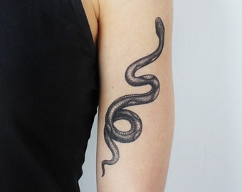 Puede incluir: Un conjunto de tatuajes temporales con un diseño de serpiente en blanco y negro y una calavera con un sombrero de copa y fumando un cigarrillo.