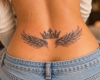 Crowned Wings Tattoo - Crowned Wings Lower Back Temporary Tattoo / Sexy Tattoos for Women / Angel Wings Tattoo