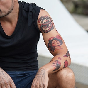 Neo Traditional Red & Black Set - Temporary Tattoos / Red and Black Vintage Tattoo Set / Traditional Temporary Tattoos / Red Black Tattoos