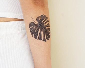 Monstera Deliciosa Leaf - Monstera Leaf Temporary Tattoo / Black Leaf Tattoo / Swiss Cheese Leaf Plant Tattoo / Cool Leaf Tattoo / Monstera
