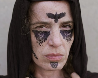 Viking Shield-Maiden Face Tattoo Set - Viking Woman Warrior / Nordic Costume Temp Tattoo / Norse Mythology / Crow Tattoo / Runes Tattoo