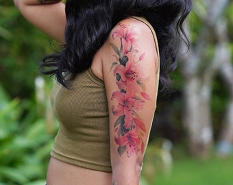 Pink Lilies Sleeve - Pink Lilies Temporary Tattoo / Floral Tattoo Sleeve / Flower Tattoo Sleeve / Pink Flowers Sleeve / Tattoos for Women