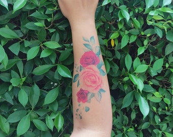 Beautiful Roses Tattoo - Watercolor Temporary Tattoo / Rose Temporary Tattoo / Large Floral Tattoo / Colorful Flower Tattoo / Floral Tattoo