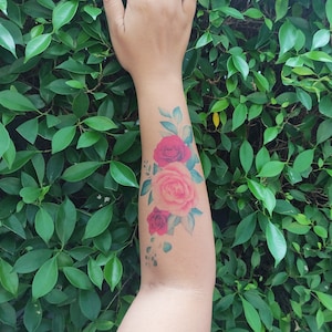 Beautiful Roses Tattoo - Watercolor Temporary Tattoo / Rose Temporary Tattoo / Large Floral Tattoo / Colorful Flower Tattoo / Floral Tattoo