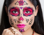Sugar Skull Face Tattoo Set - Day of the Dead Temporary Tattoos Halloween Costume Day Of The Dead Sugar Skull Tattoos Halloween Tattoo