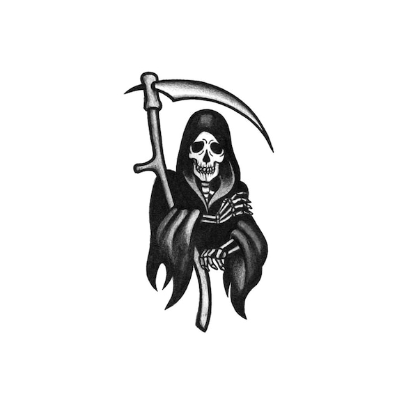 Grim Reaper Blackwork Grim Reaper Temporary Tattoo Grim Reaper Tattoo Halloween Tattoo Death With Scythe Tattoo Soa Tattoo Reaper