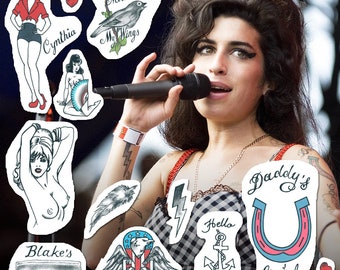 Amy Winehouse Temporary Tattoo Set - Amy Winehouse Tattoos / Amy Winehouse Halloween Costume / Amy Winehouse Cosplay / Tattoo Costume Rock