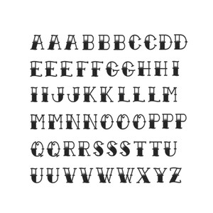 May include: A black and white alphabet in a traditional tattoo style font. Each letter is outlined in black and has a shaded effect.