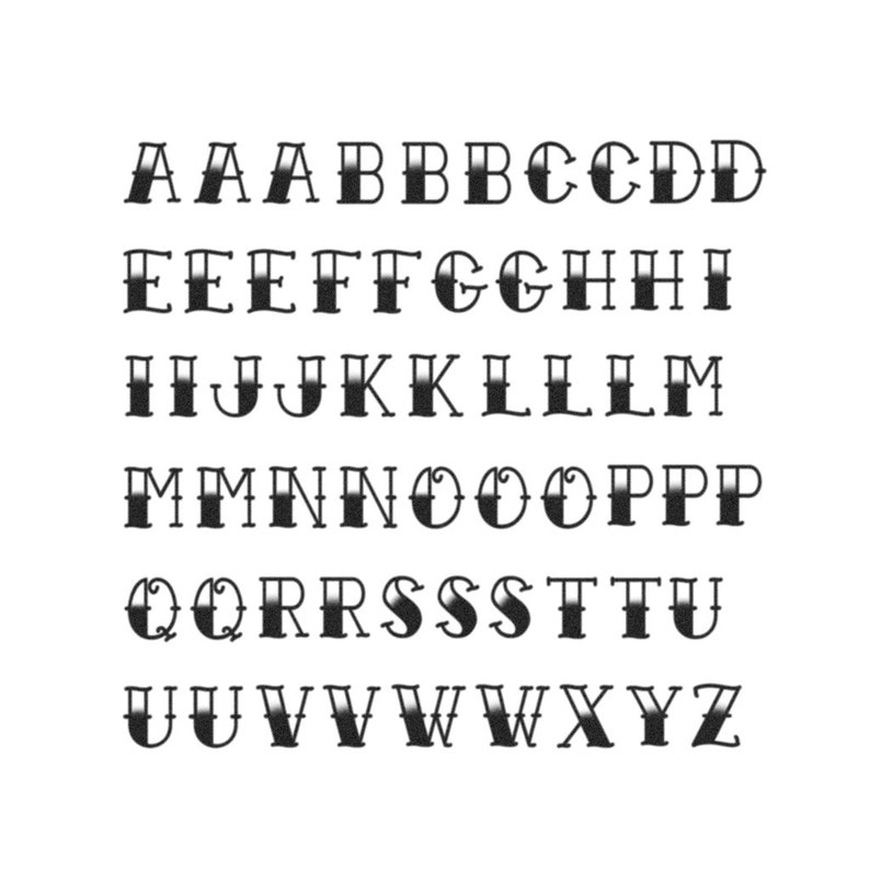 May include: A black and white alphabet in a traditional tattoo style font. Each letter is outlined in black and has a shaded effect.